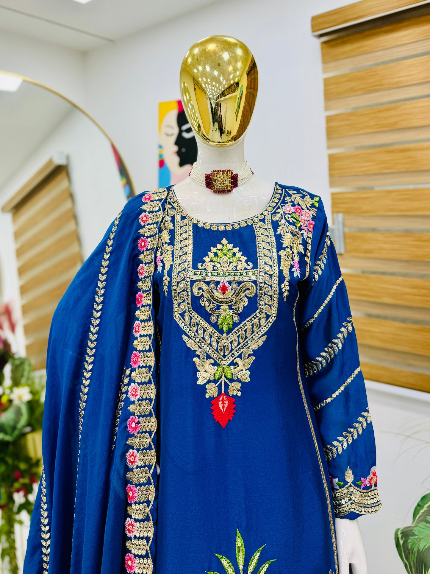designer party sharara suit & dupatta set in blue color