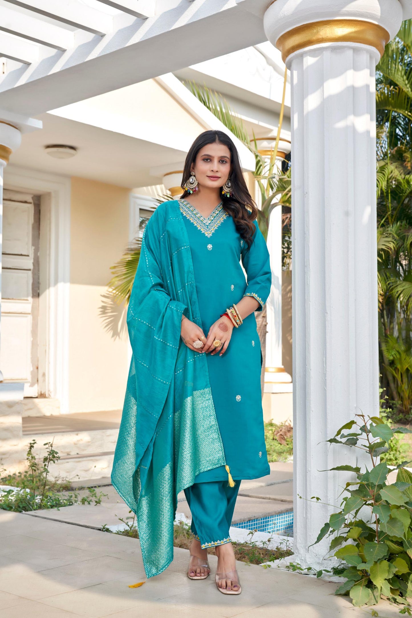 designers kurti pent dupatta set in roman silk fabric
