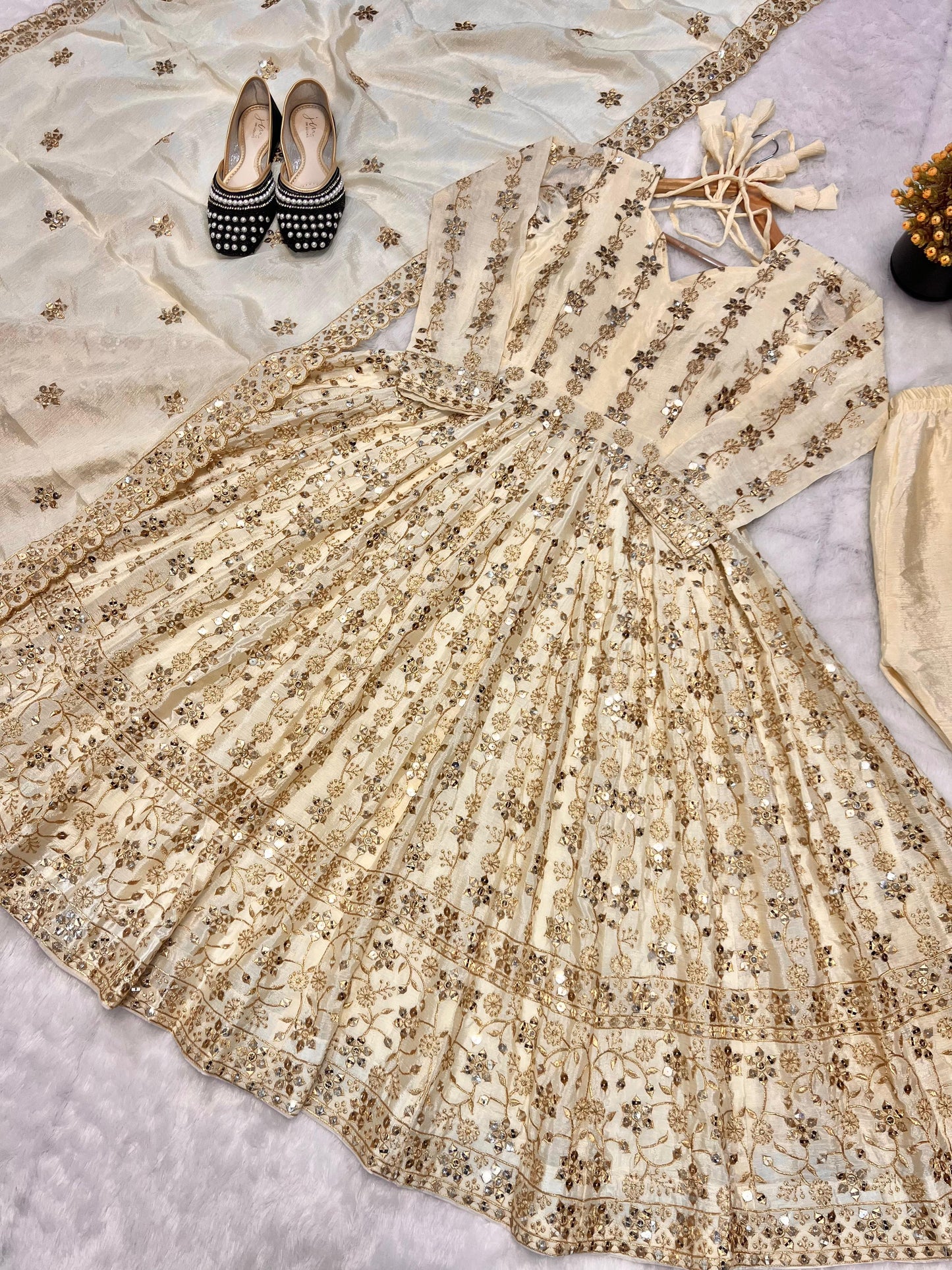 White Cream Color Beautiful Partywear Dress in Chinon Fabric