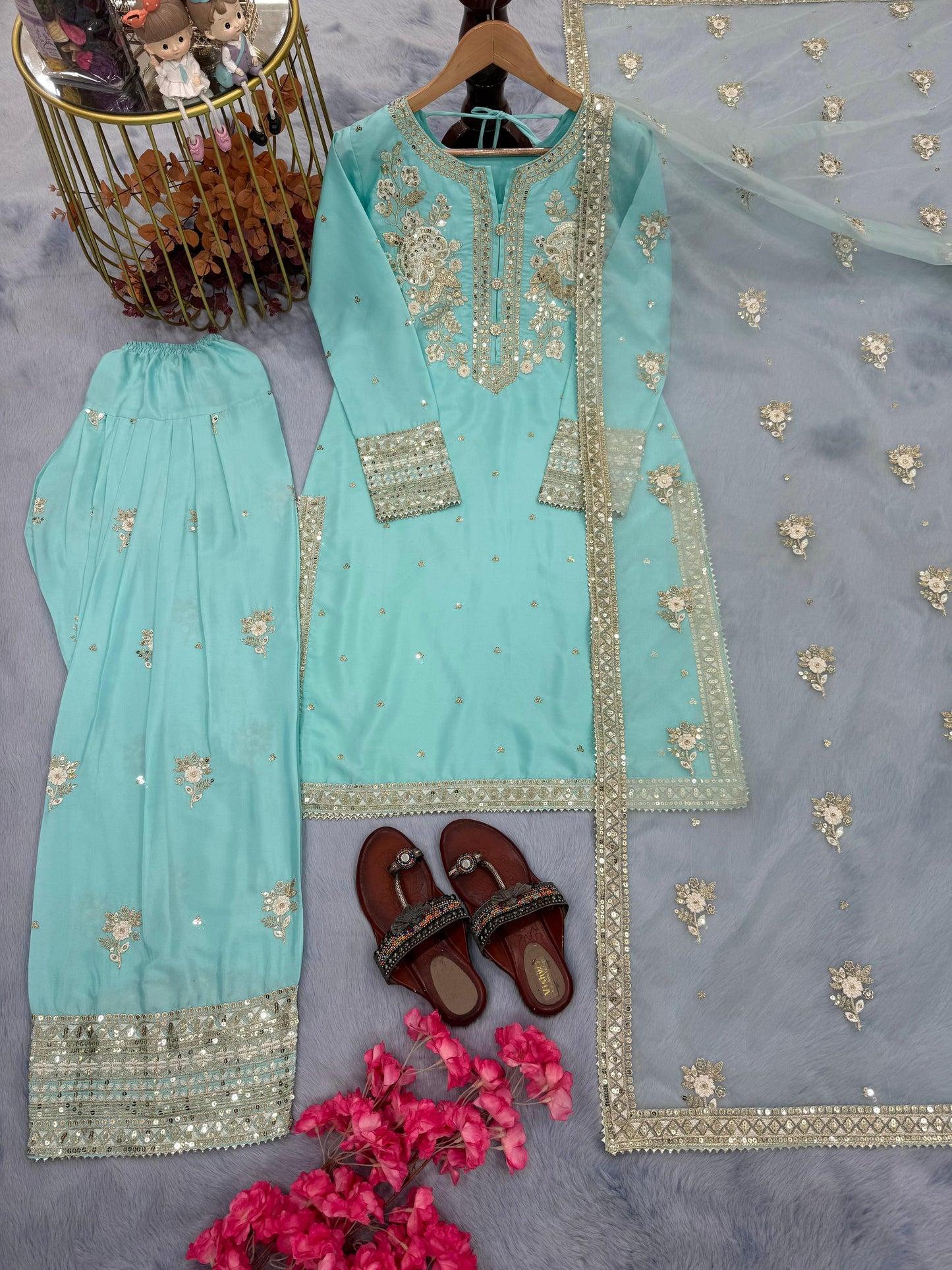 Designer Party Wear Look Pur Natural Crepe Top & Farshi Palazzo With Dupatta Set