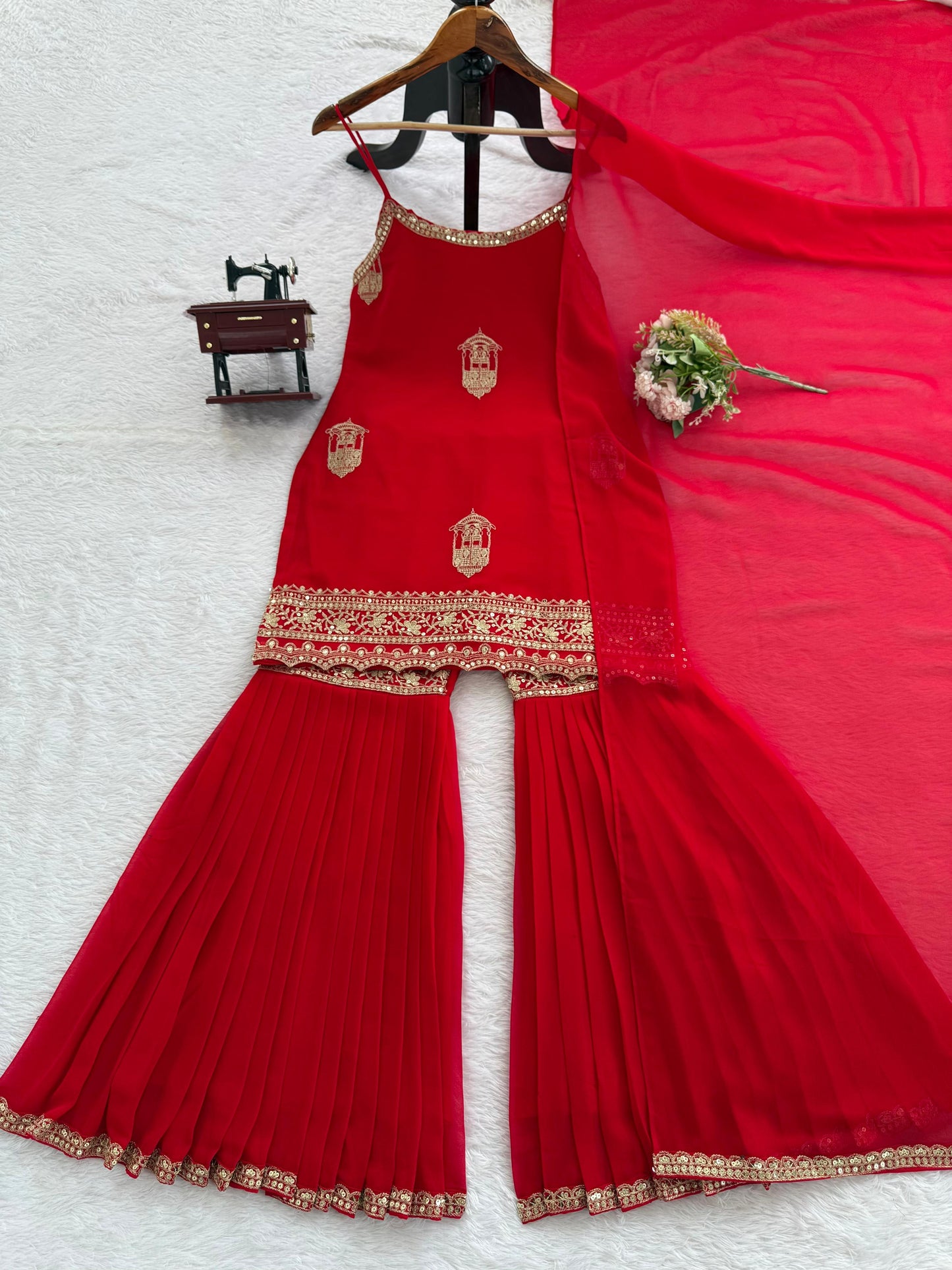 designer sharara set in red colour for karva chauth