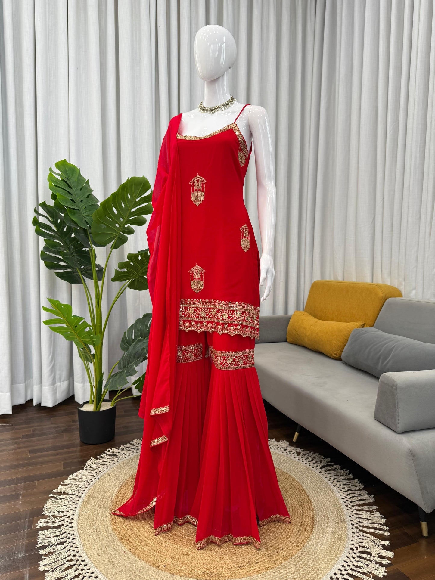 designer sharara set in red colour for karva chauth