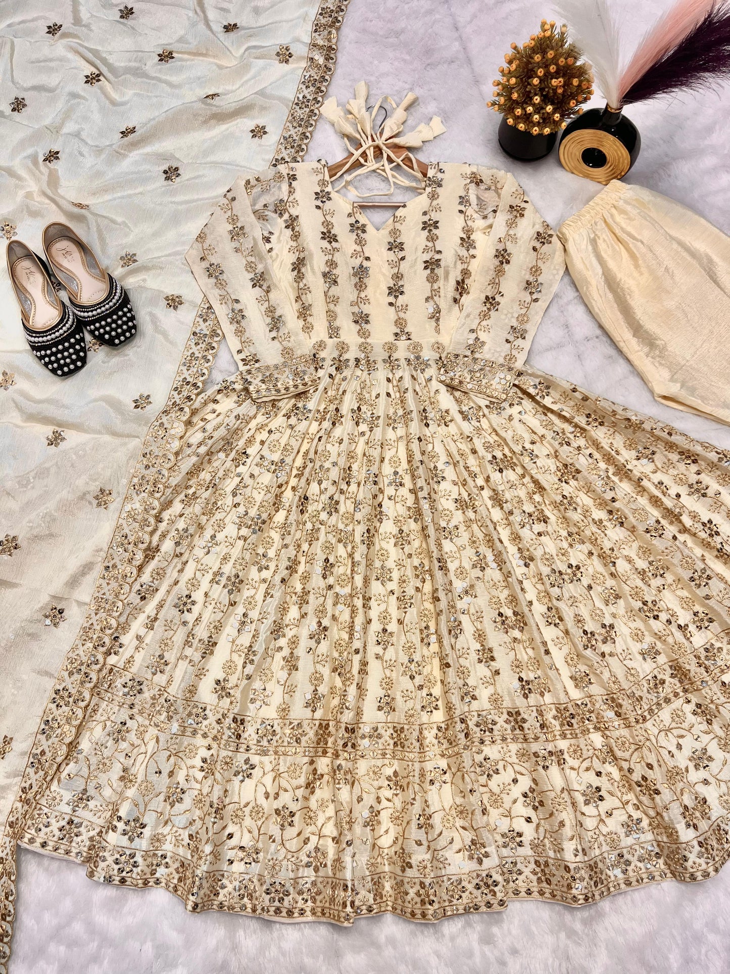 White Cream Color Beautiful Partywear Dress in Chinon Fabric