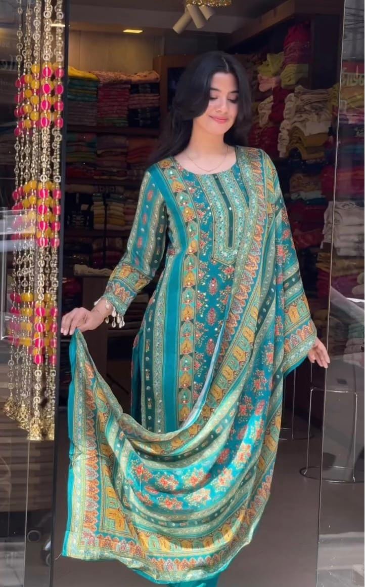 Trending Top With Printed Work With Mirror Work With Top Bottom And Dupatta Set