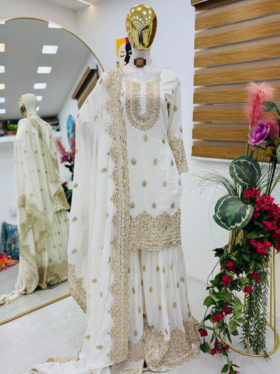 White Color Beautiful Sharara Suit in Silk Color