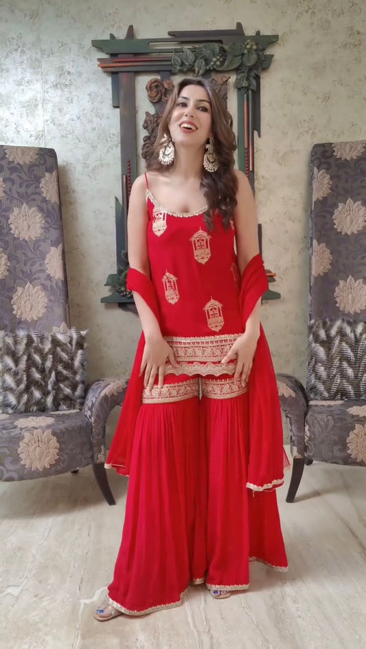 designer sharara set in red colour for karva chauth