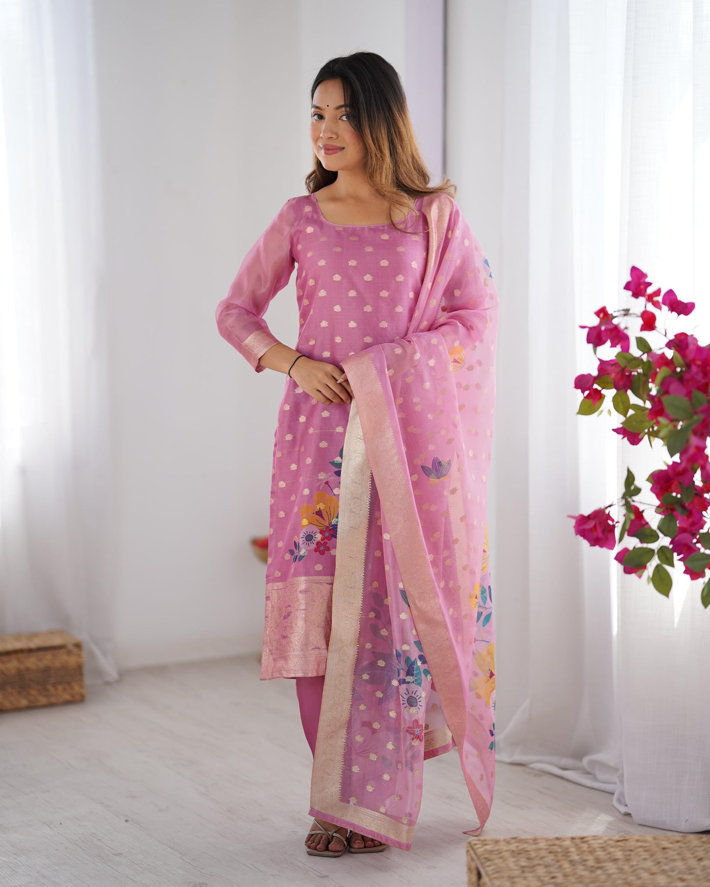 Pink Color Beautiful Chanderi Silk FAbric Dress