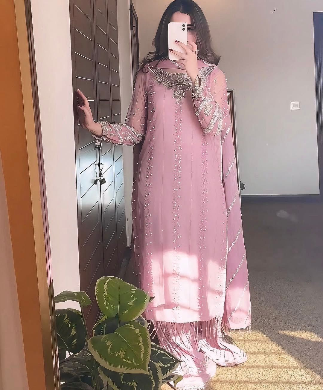 party wear look pur heavy faux georgette top plazzo & dupatta set pink