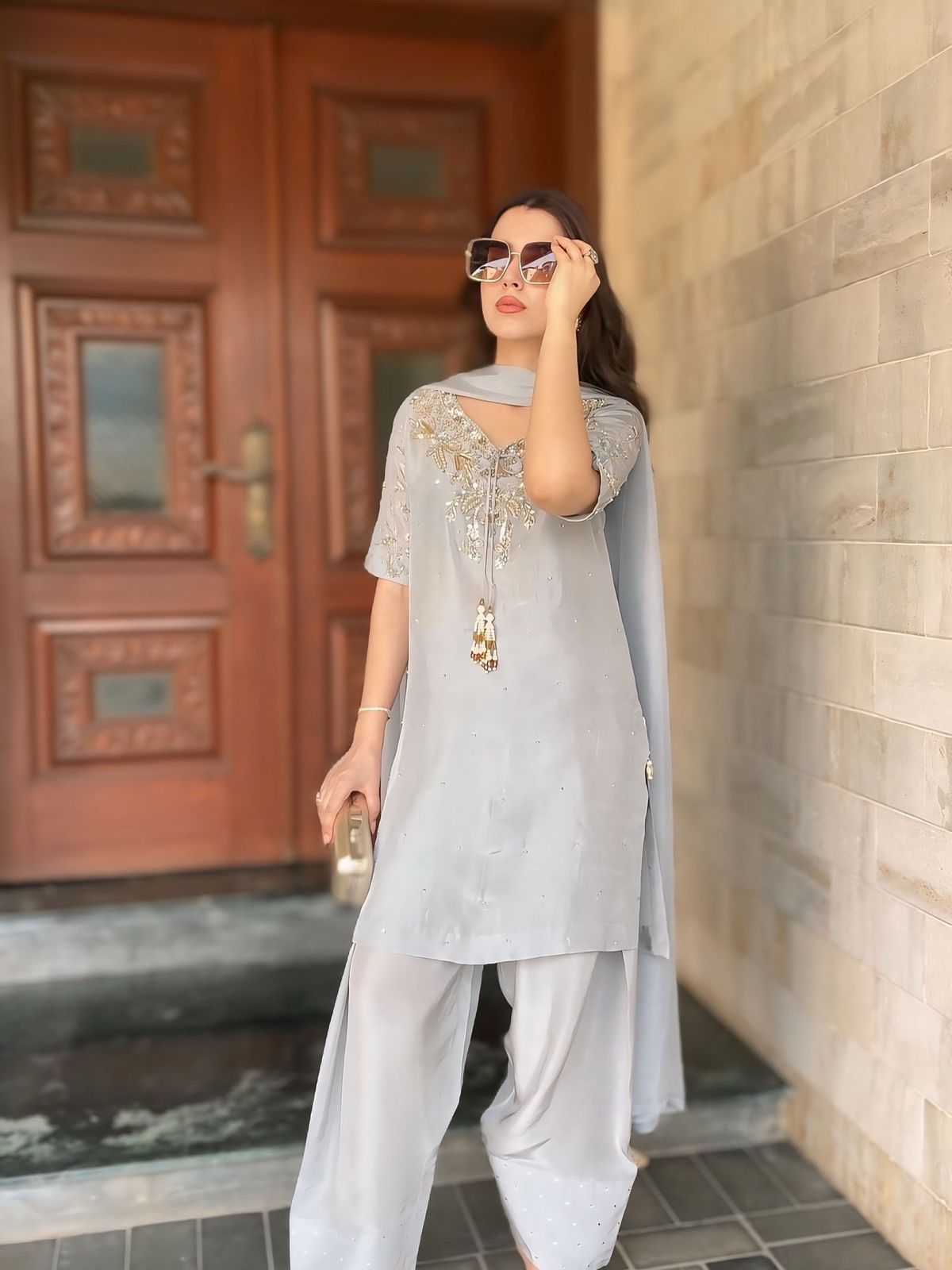 Party Wear Look Pur Natural Crepe Top & Farshi Palazzo With Dupatta Set