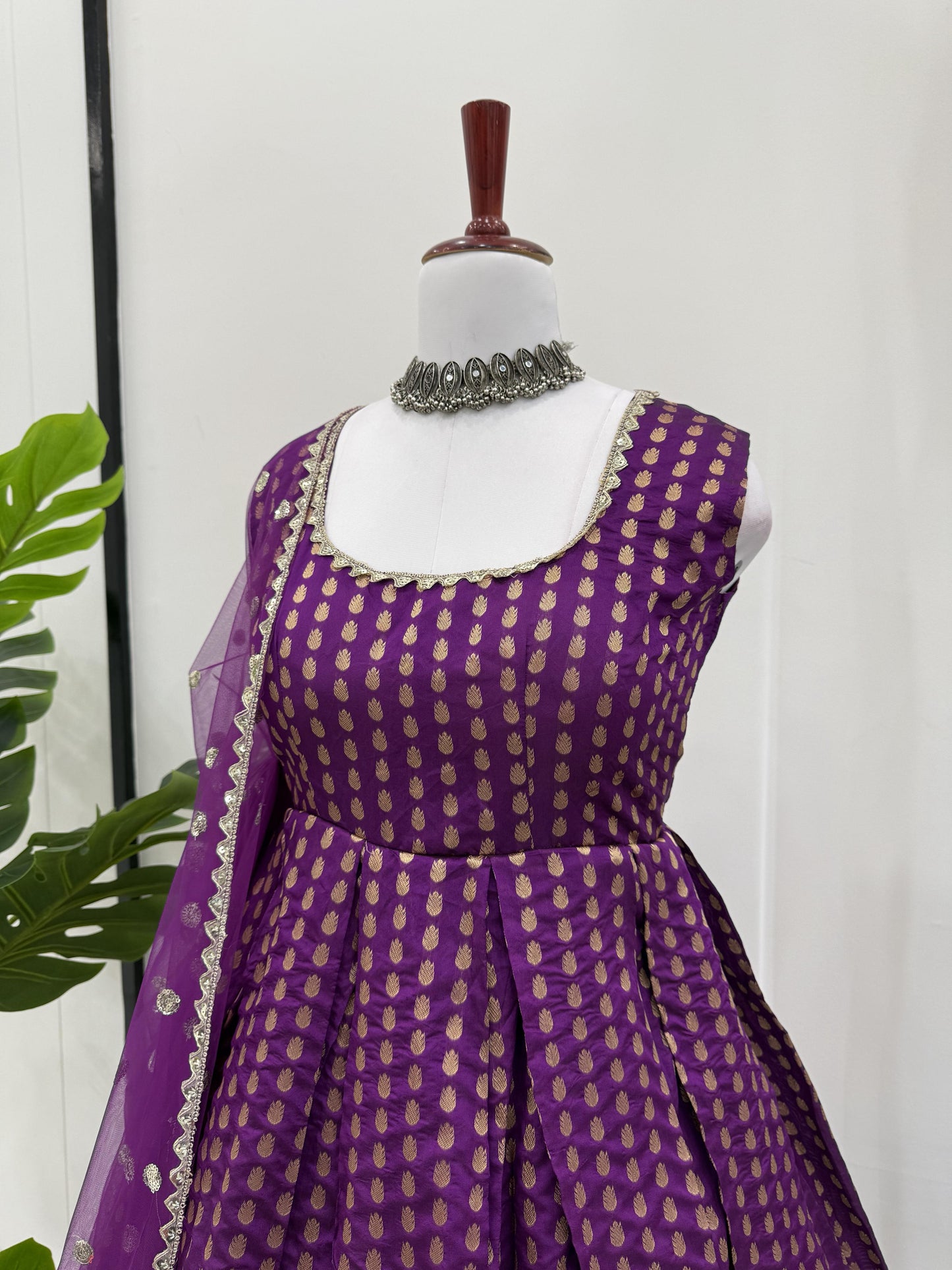 Purple Color Beautiful Gown in Jacquard Silk Fabric