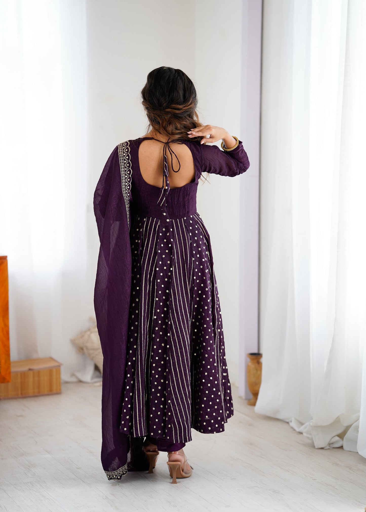 purple color anrakli gown in silk fabric with embroidery work