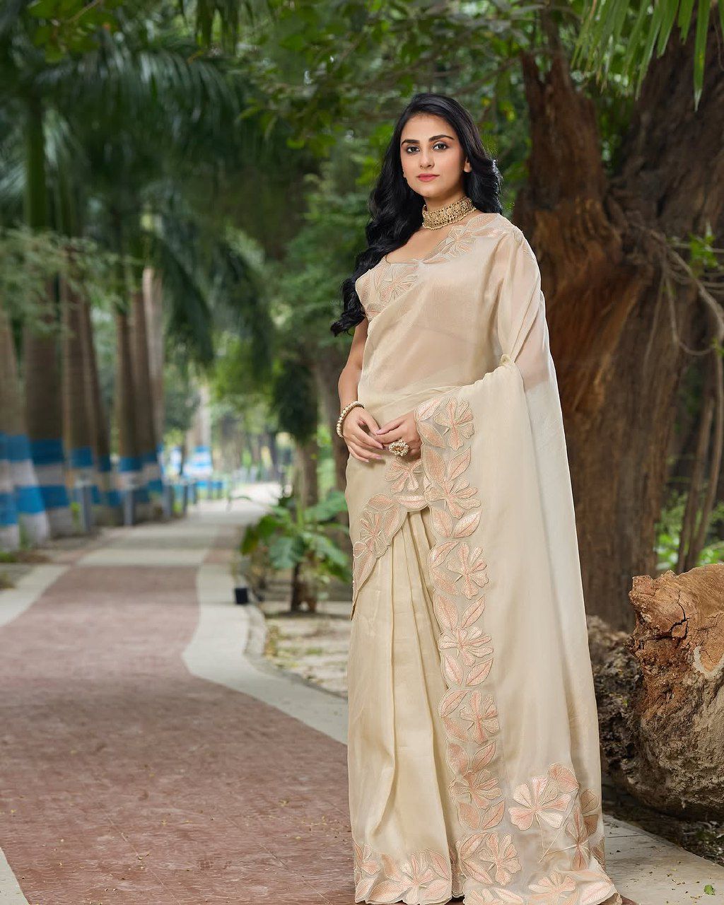 Beautiful White Cream color organza silk saree