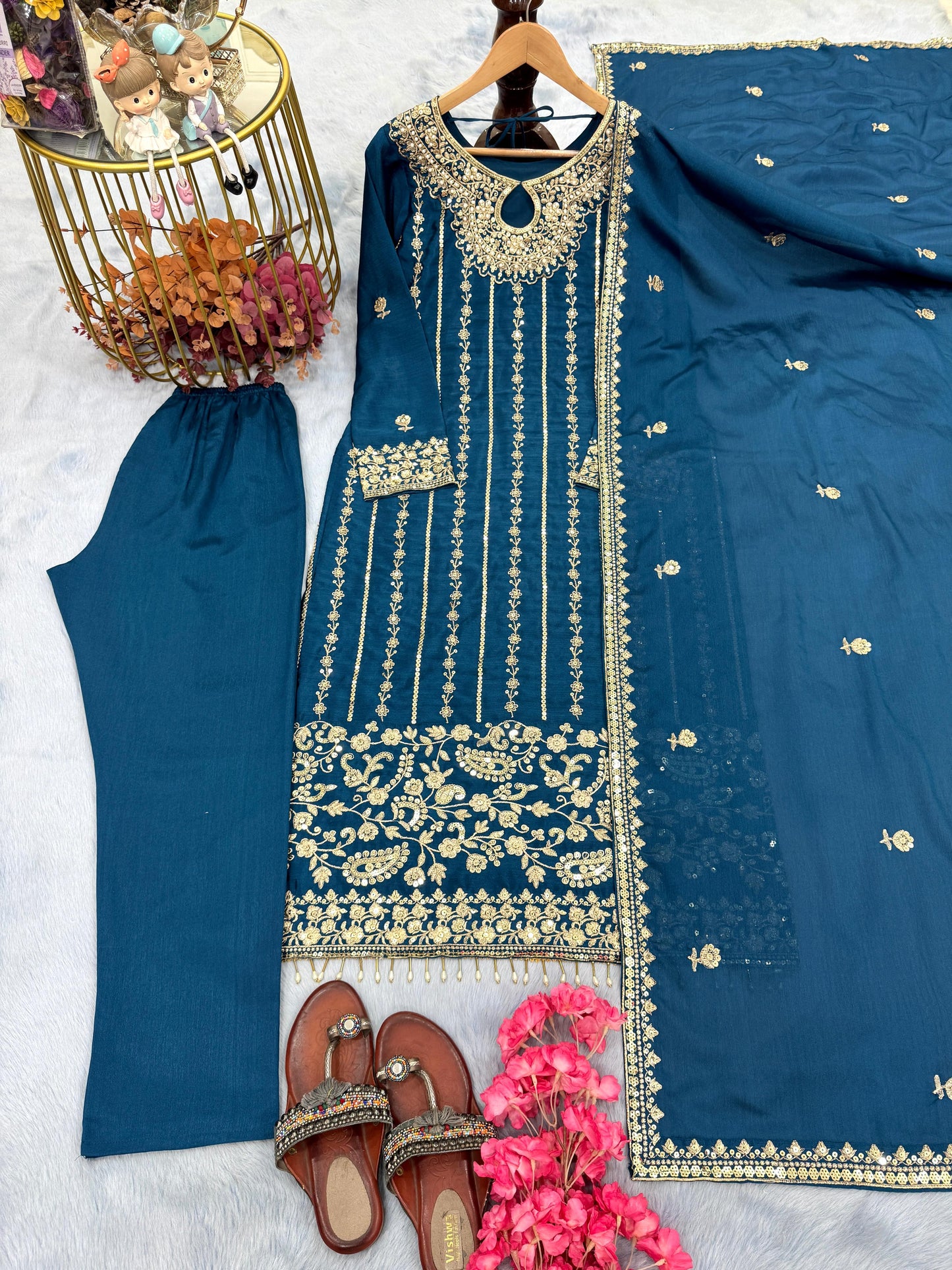Blue Color Beautiful Partywear Dress IN Chinon Fabric