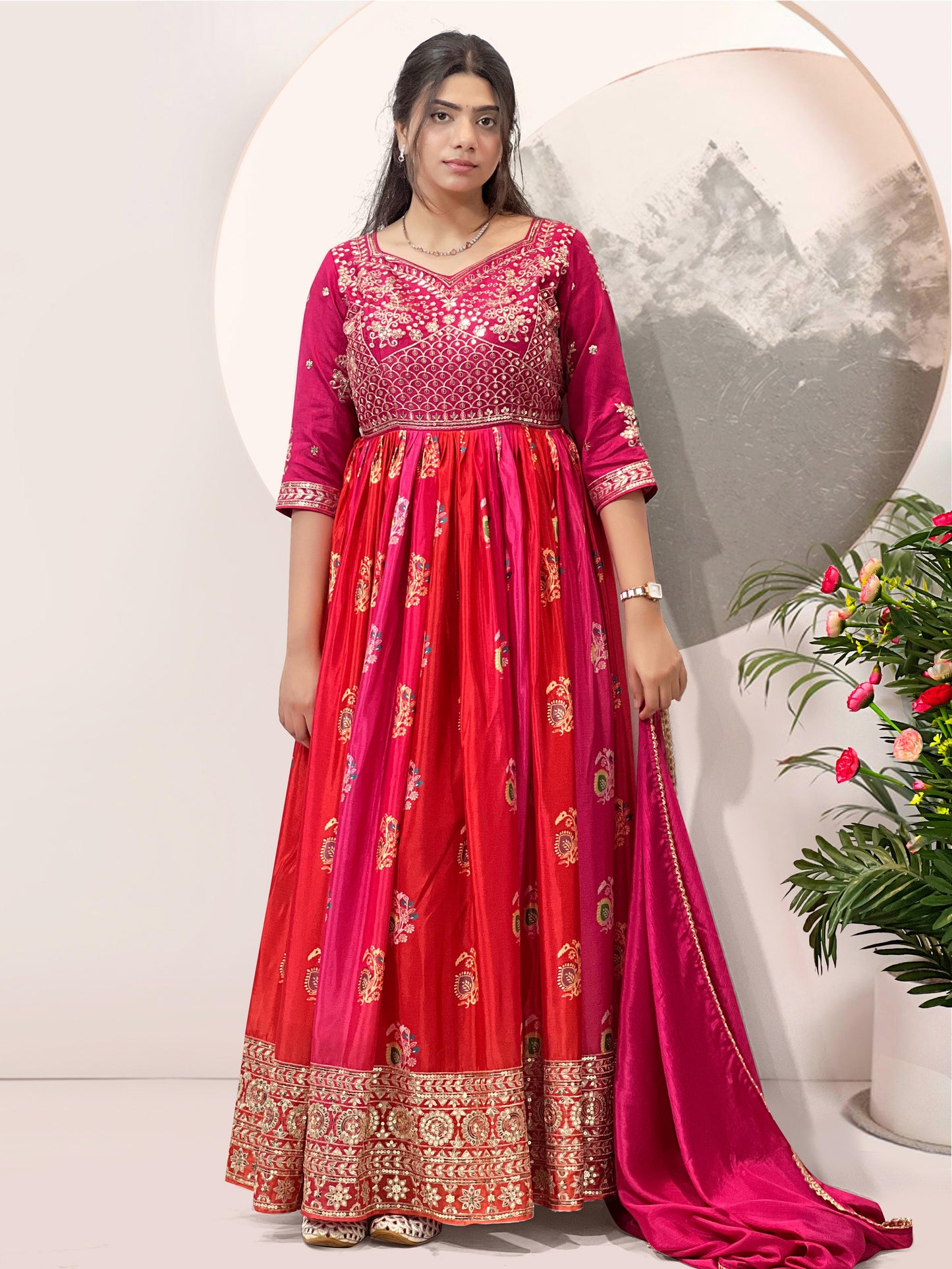 Pink Color ANarkali Gown in Silk Fabric with embroidery work