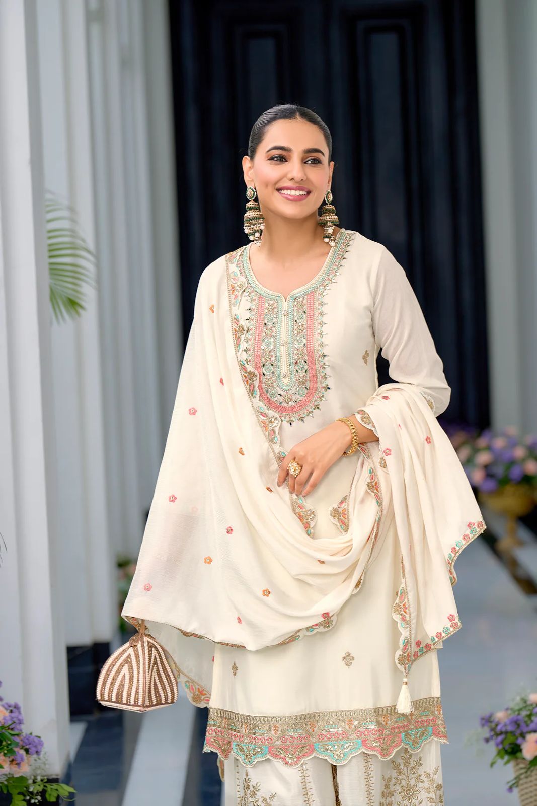 Designer Party Top Sharara & Dupatta Set in white color