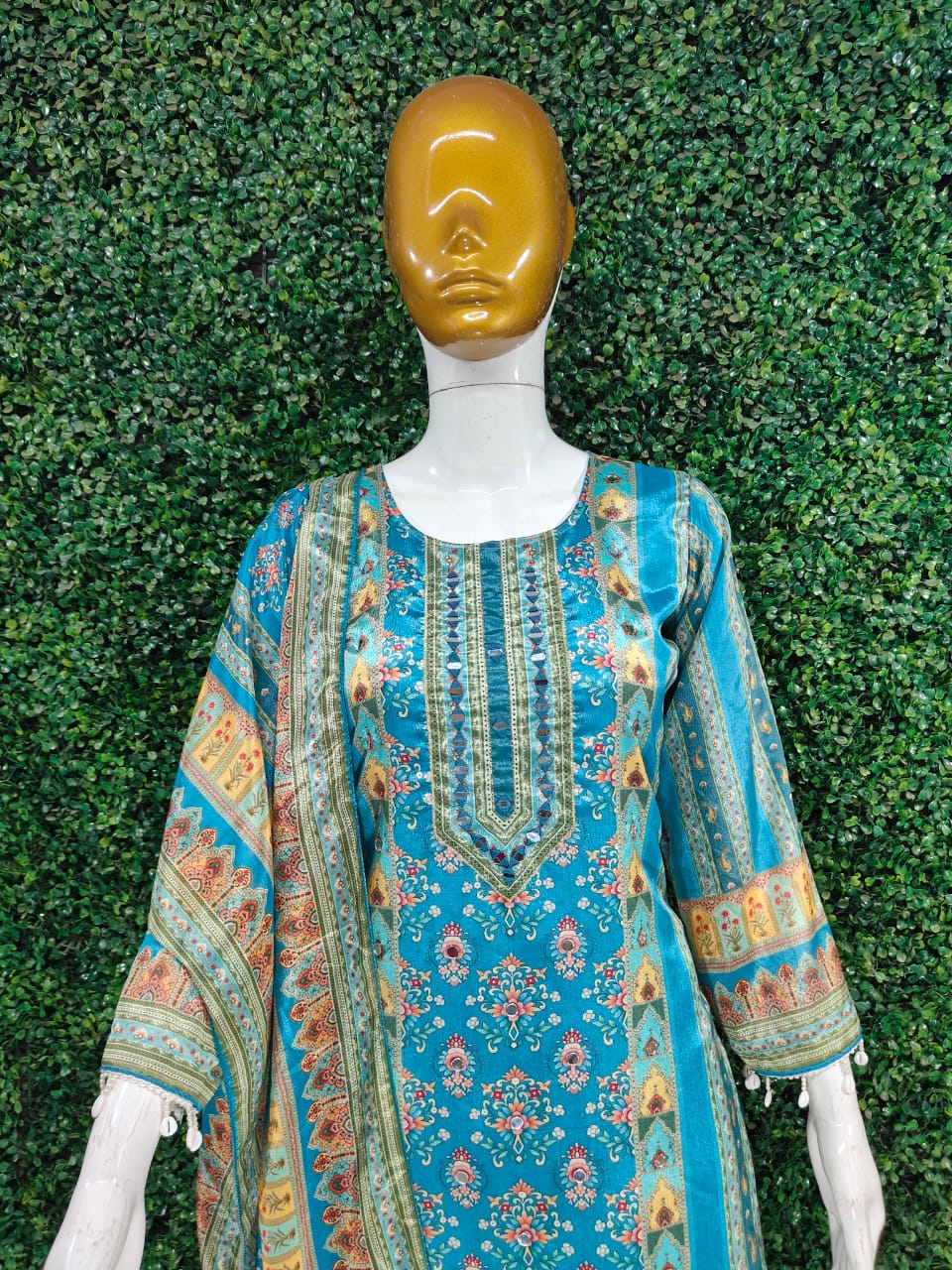 Trending Top With Printed Work With Mirror Work With Top Bottom And Dupatta Set