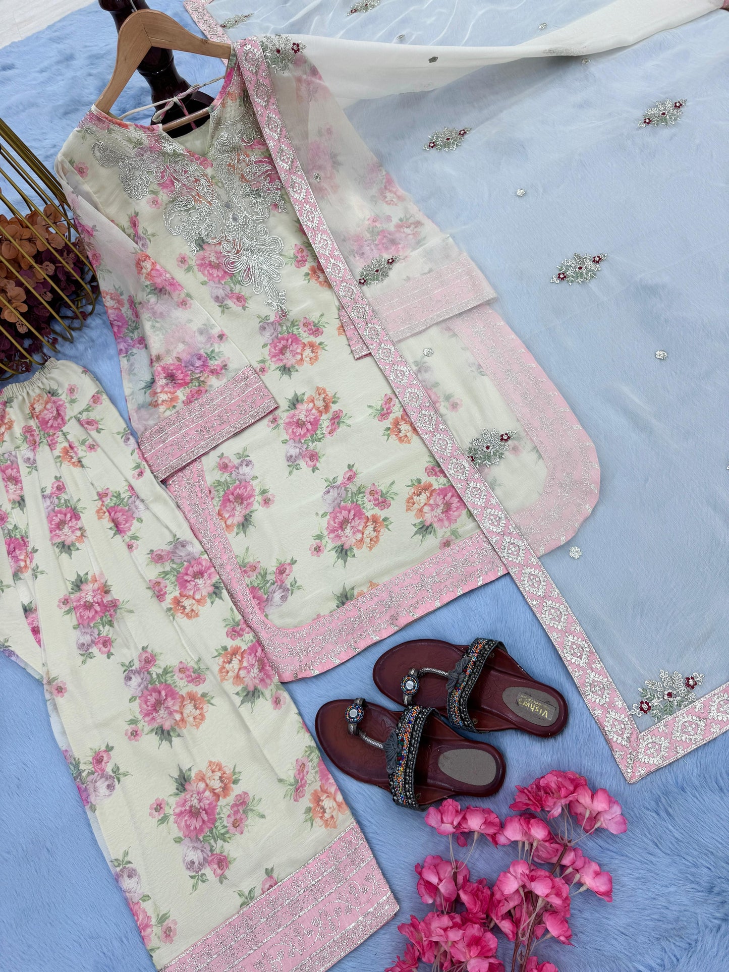 party wear look pur sifon georgette top & farshi palazzo with dupatta set