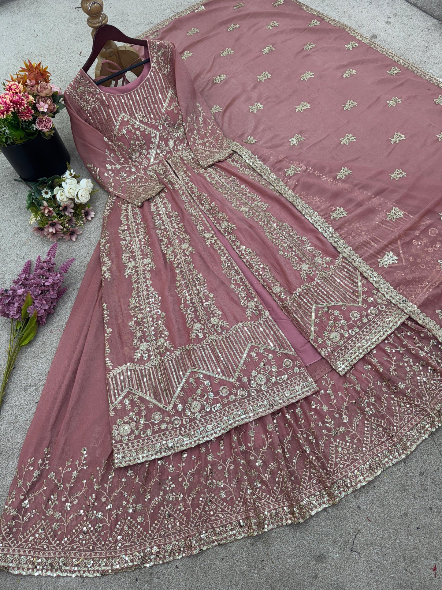 Crunchy Silk Beautiful Plazzo suit in pink color