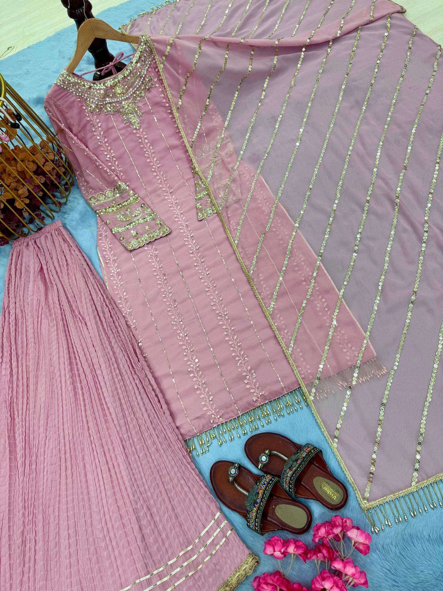 party wear look pur heavy faux georgette top plazzo & dupatta set pink