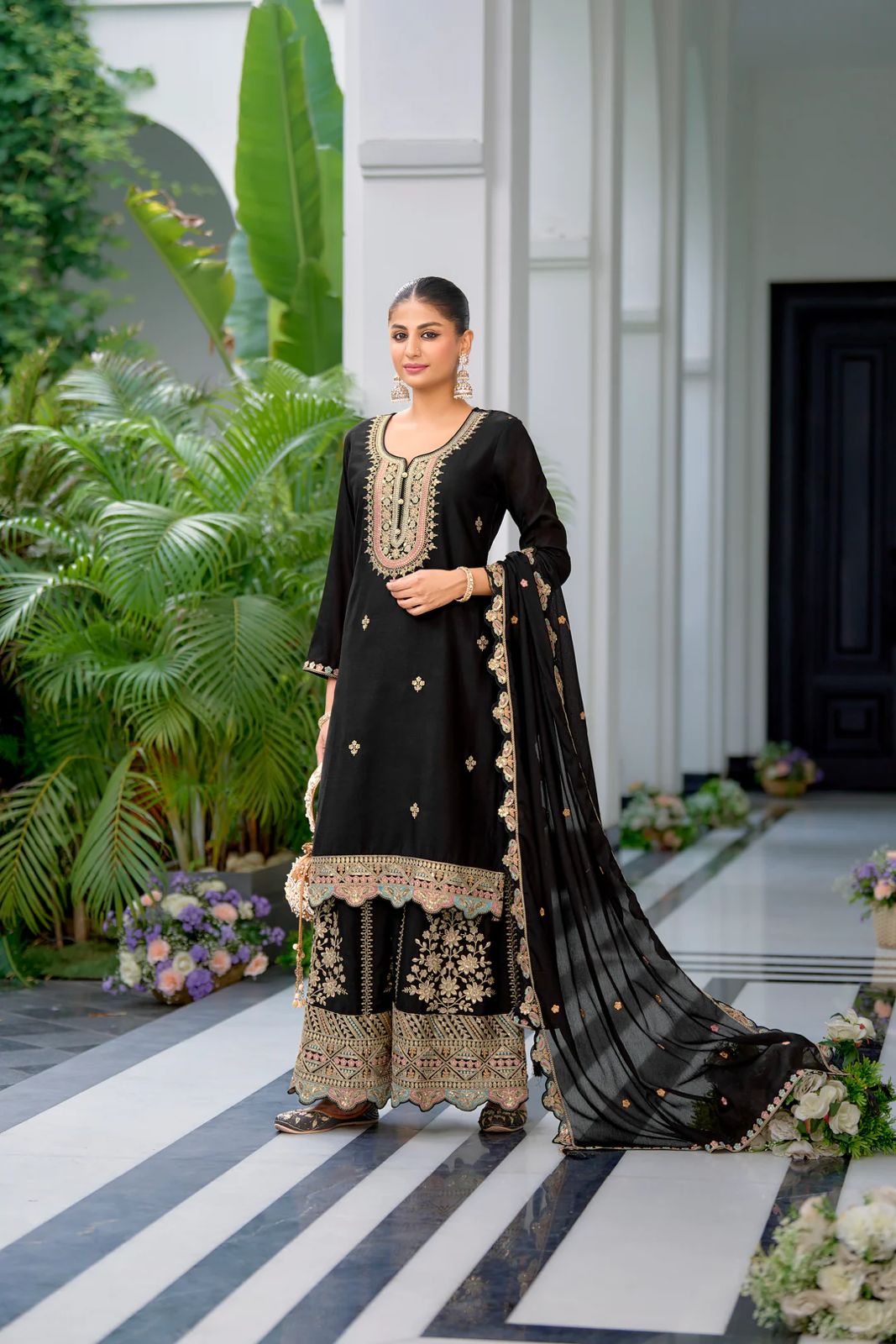 Designer Party Top Sharara & Dupatta Set in black color