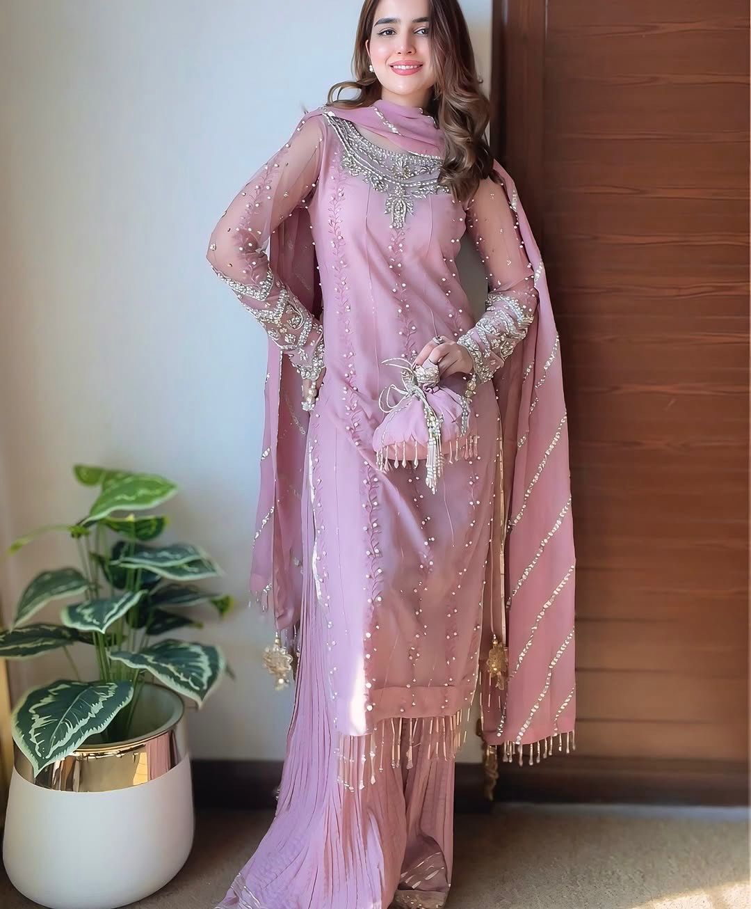 party wear look pur heavy faux georgette top plazzo & dupatta set pink