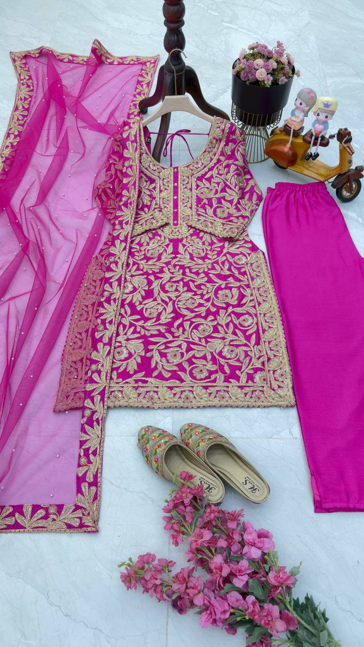 Pink Color PArtywear Dress in Chinon Fabric