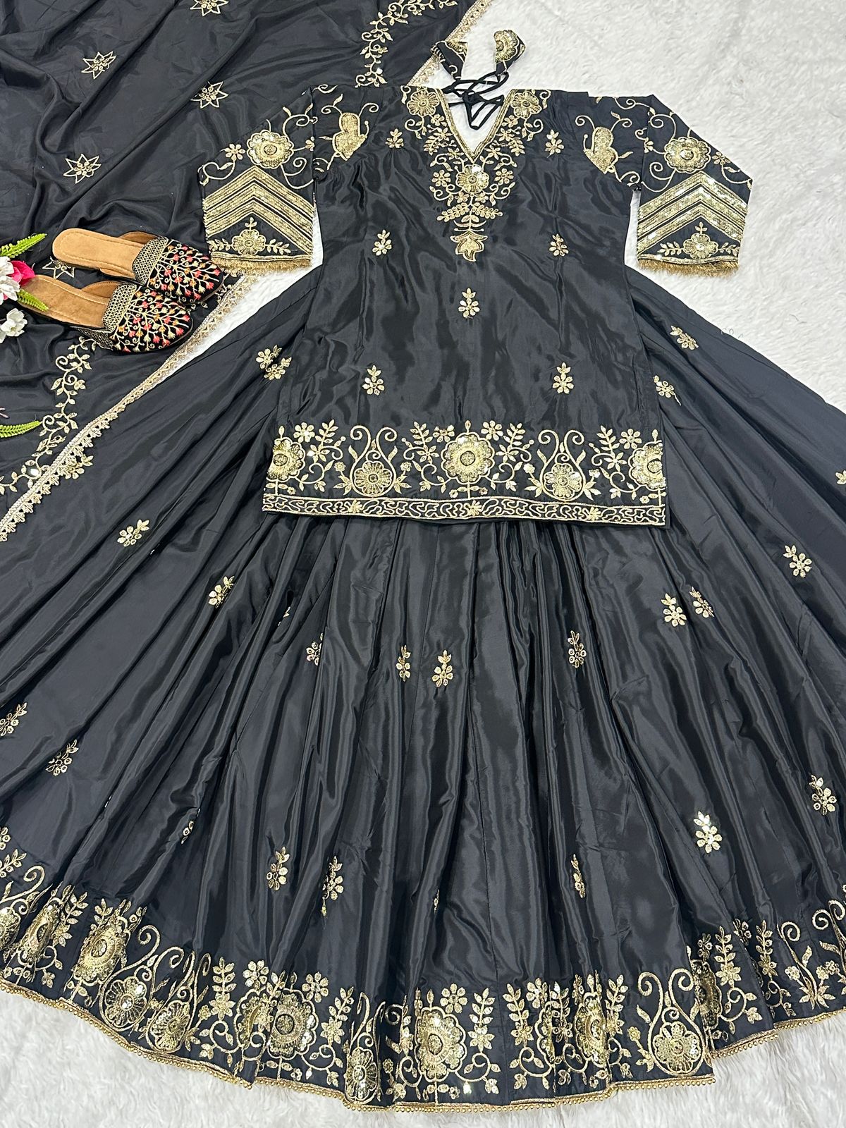 Black Color Beautiful Silk Dress in Top + lehenga with dupatta set