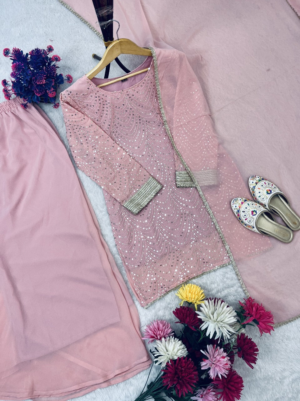 Sequence Embroidery On Georgette Fabric Top And Plazzo With Dupatta Set