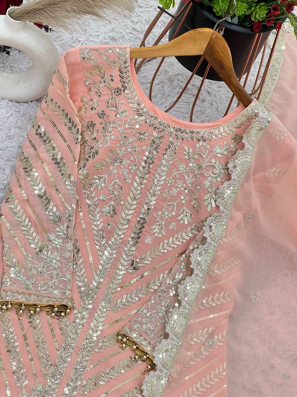 Pink Color Plazo suit in Goergette fabric