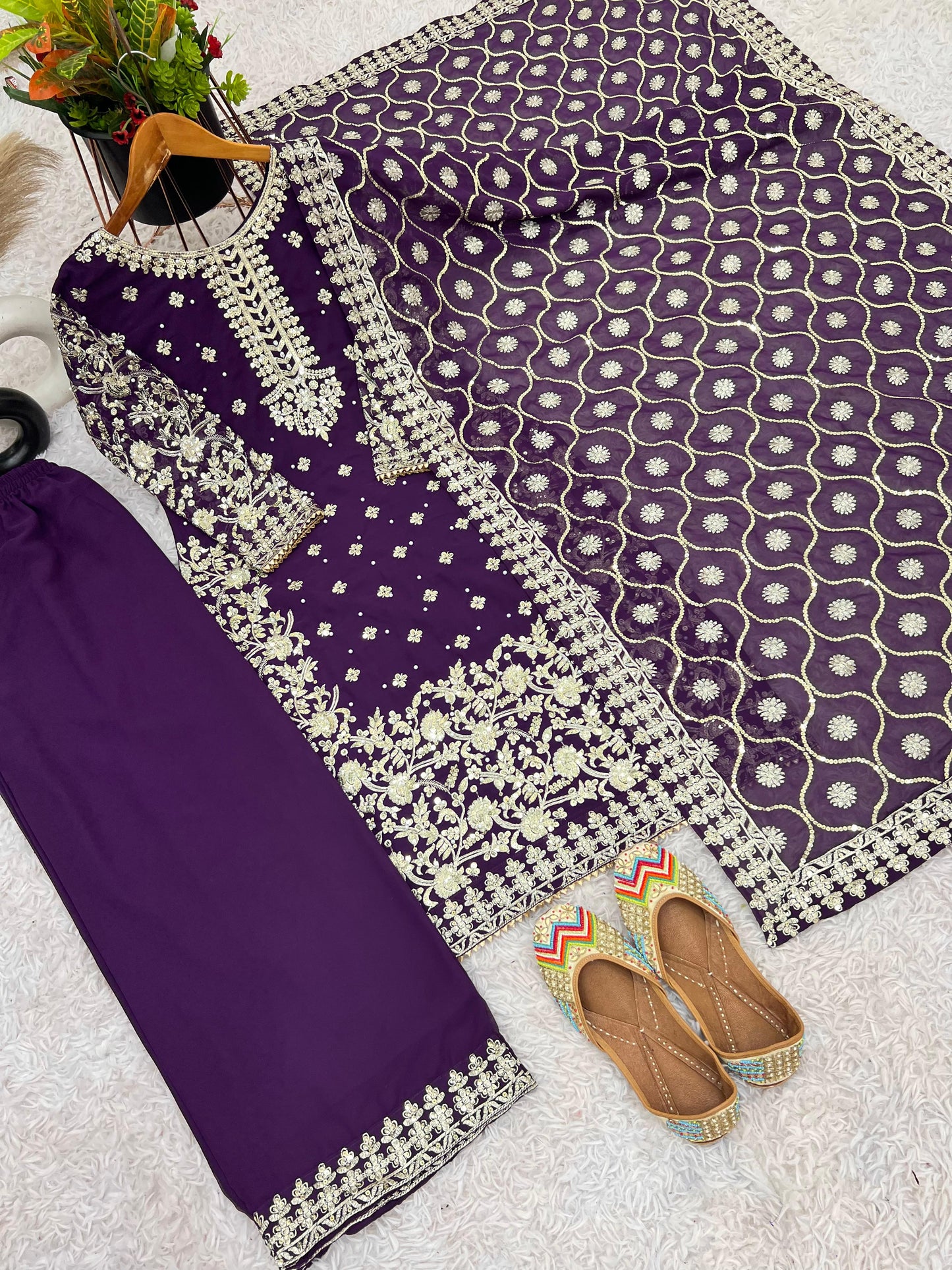 Purple Color party wear look top-plazzo and dupatta with heavy embroidery work