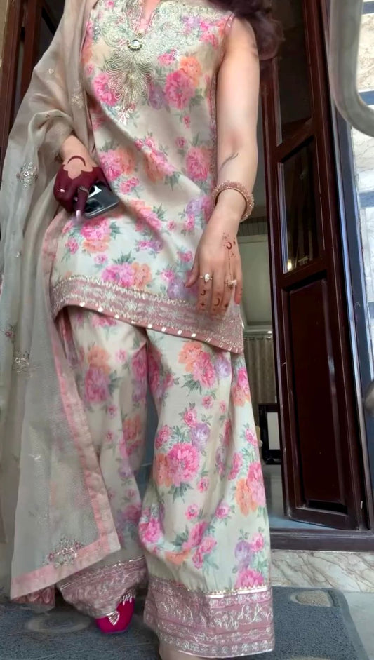 party wear look pur sifon georgette top & farshi palazzo with dupatta set