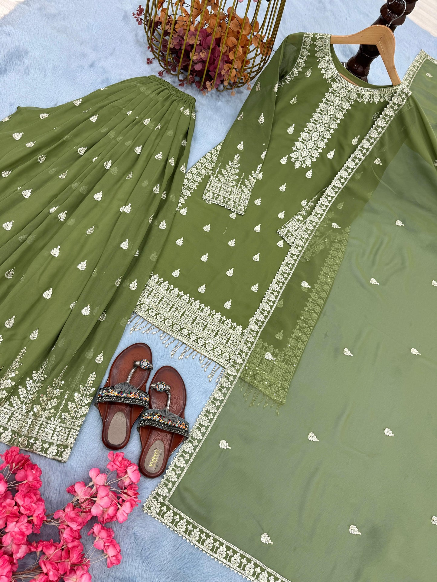 Green Color Beautiful Readymade Top Plazzo & Dupatta