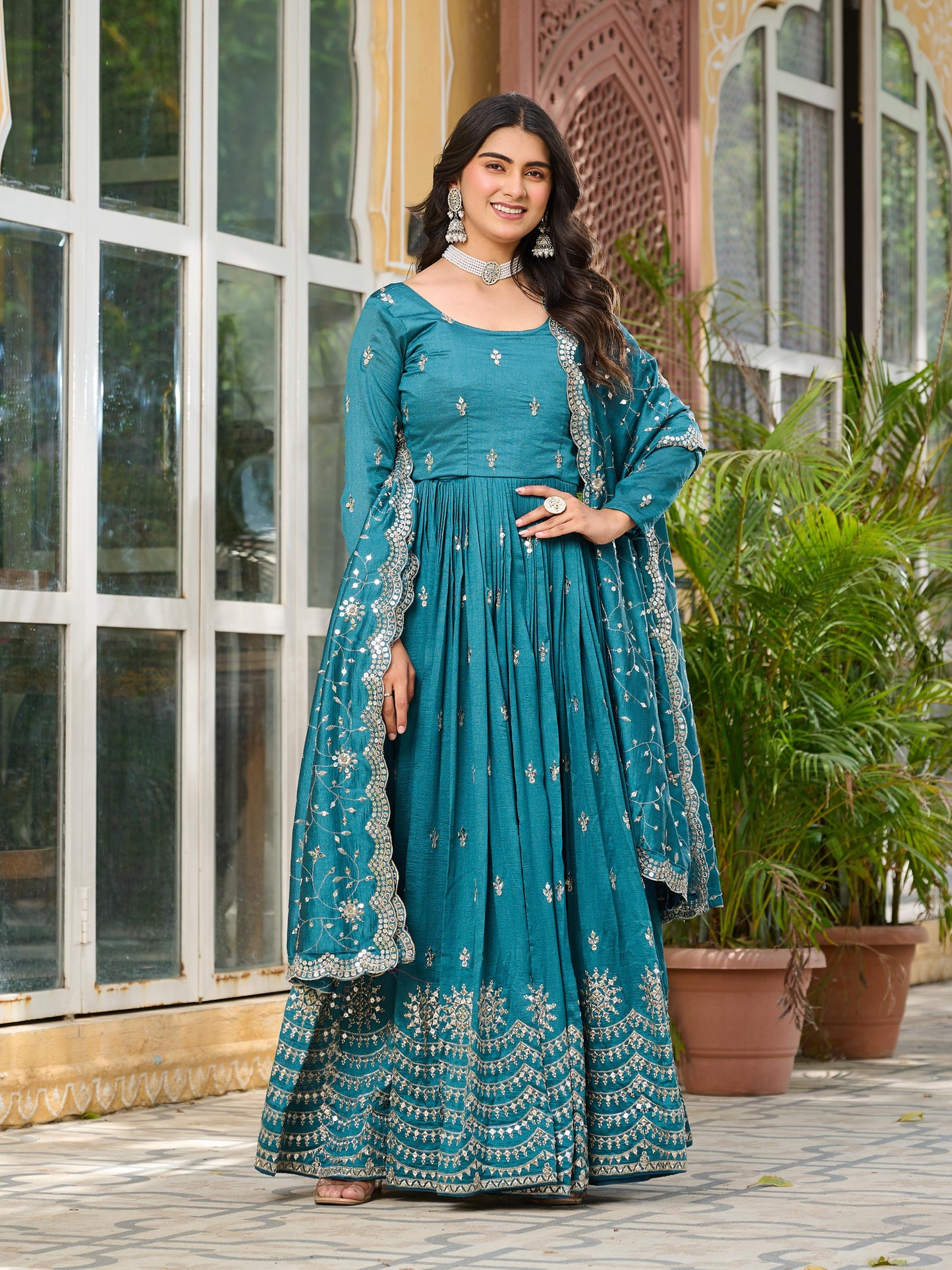 Morpitch Color Beautiful Partywear Gown in Vichitra Silk
