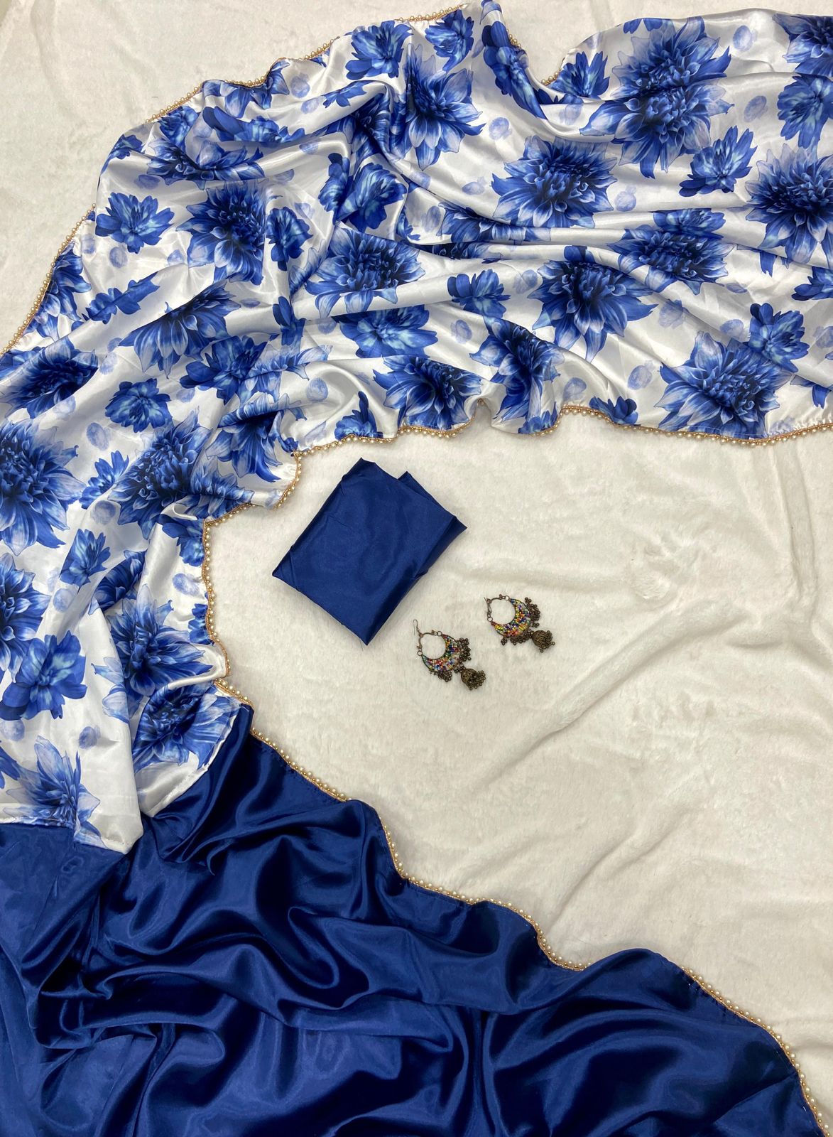 Half Half Satin Saree Collection With Beautiful Flower Print in blue color