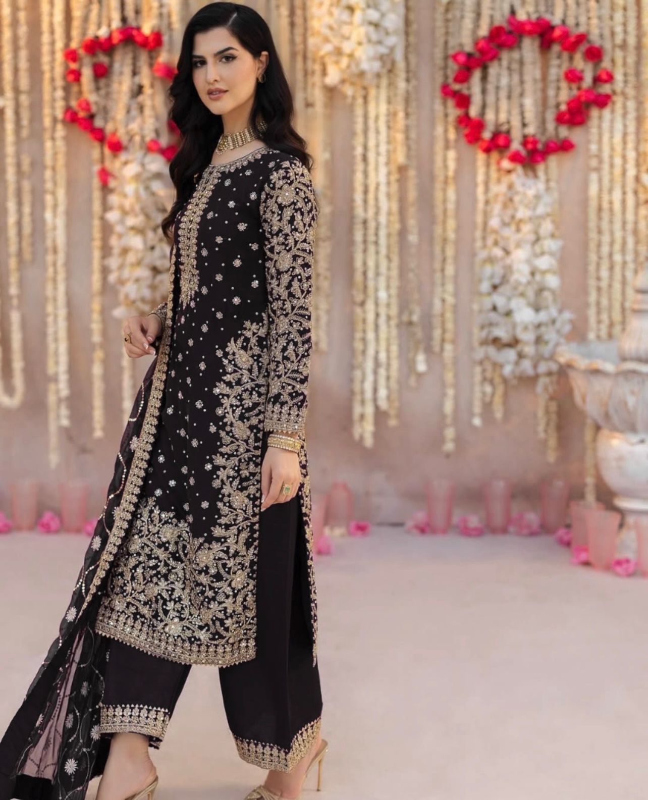 Black Color party wear look top-plazzo and dupatta with heavy embroidery work