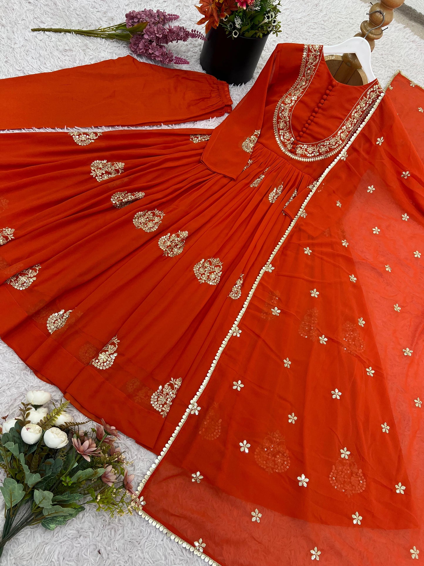 georgette with embroidery sequence work gown and dupatta set fully stitched