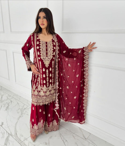 Maroon Red Color Beautiful Sharara Suit in Georgette Fabric