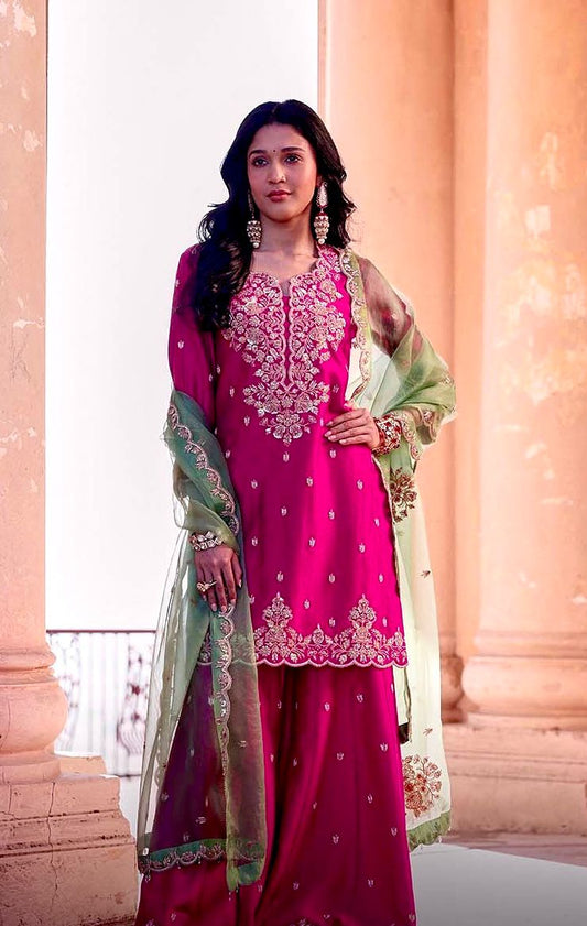 Pink Color Beauitful Festival Wear Roman Silk PLazo DRess