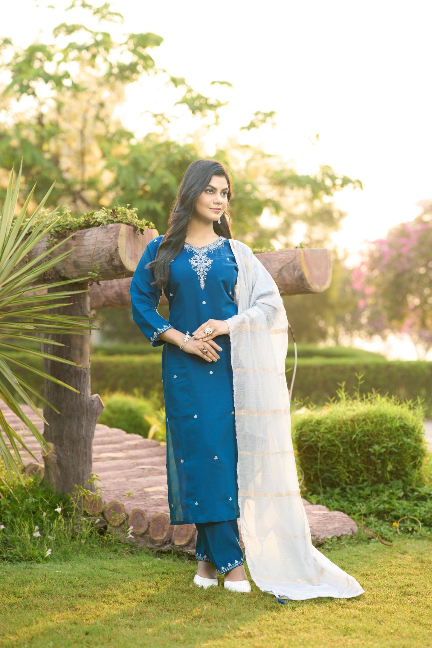 Blue Color Beautiful Summer Wear Dress in Roman silk Fabric