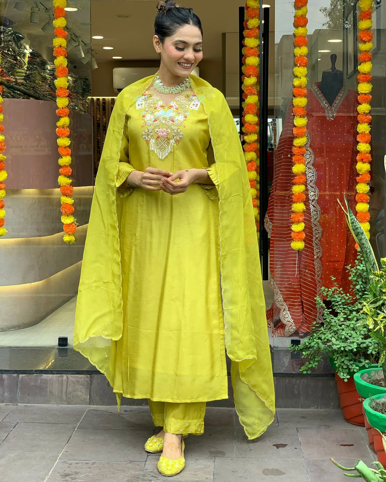 Yellow Color Beautiful Chanderi Silk Fabric dress for daily wear