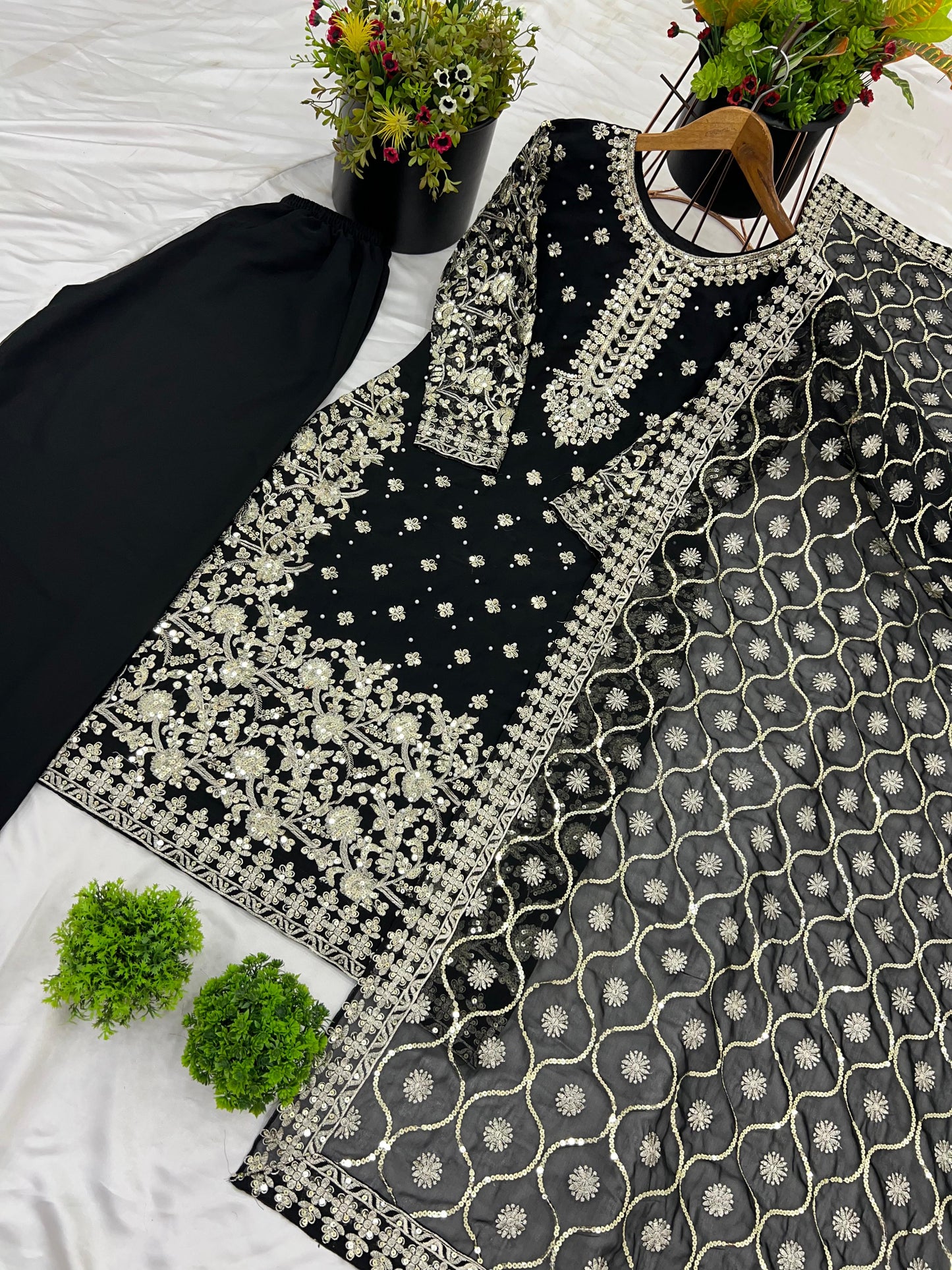 Black Color party wear look top-plazzo and dupatta with heavy embroidery work