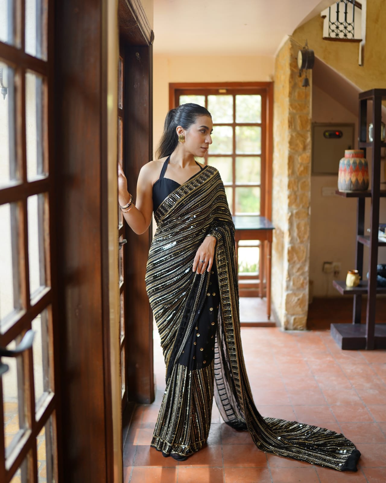 Black Color Beautiful Partywear Georgette Fabric Saree