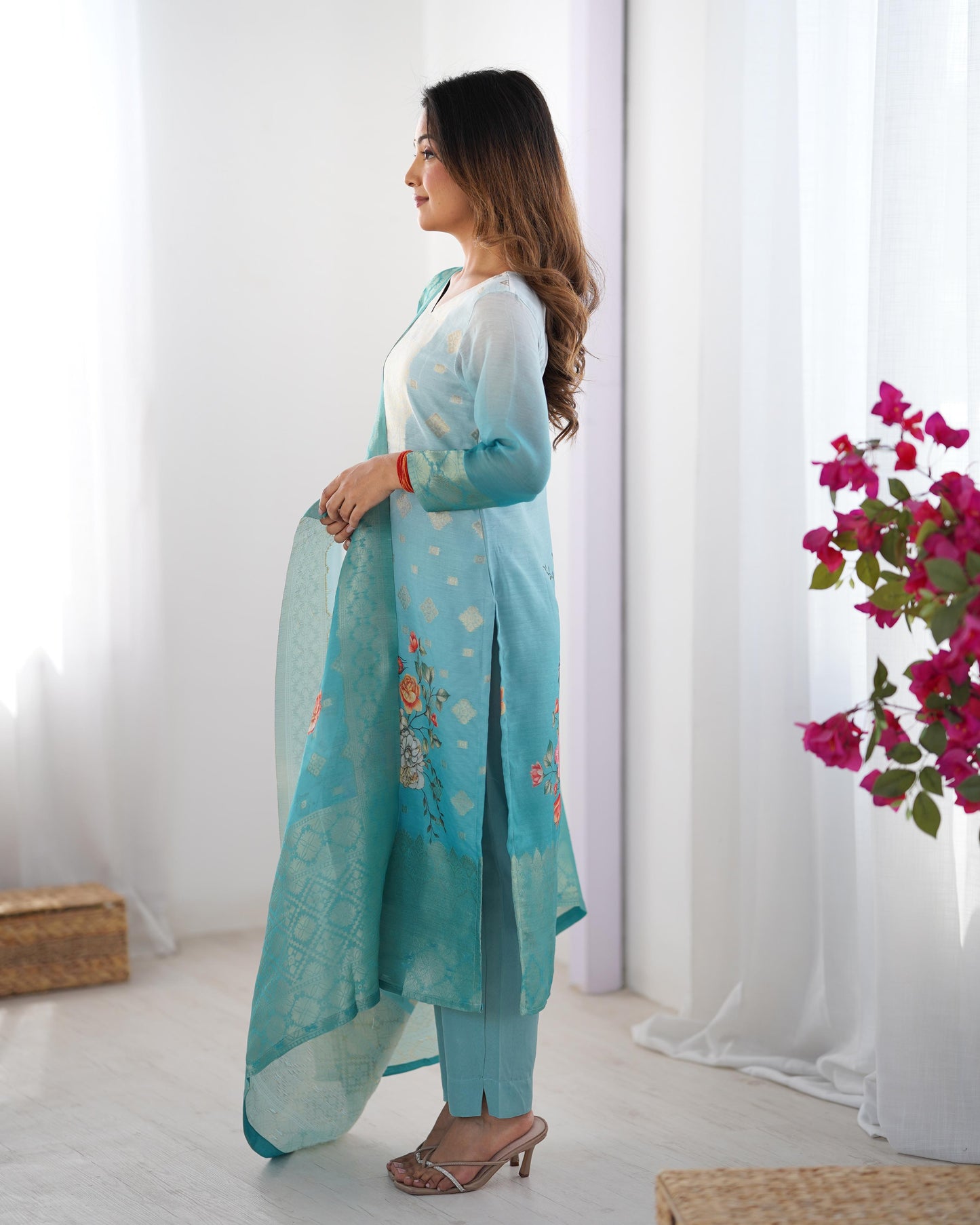 White and Sky blue Color Beautiful Chanderi Silk FAbric Dress