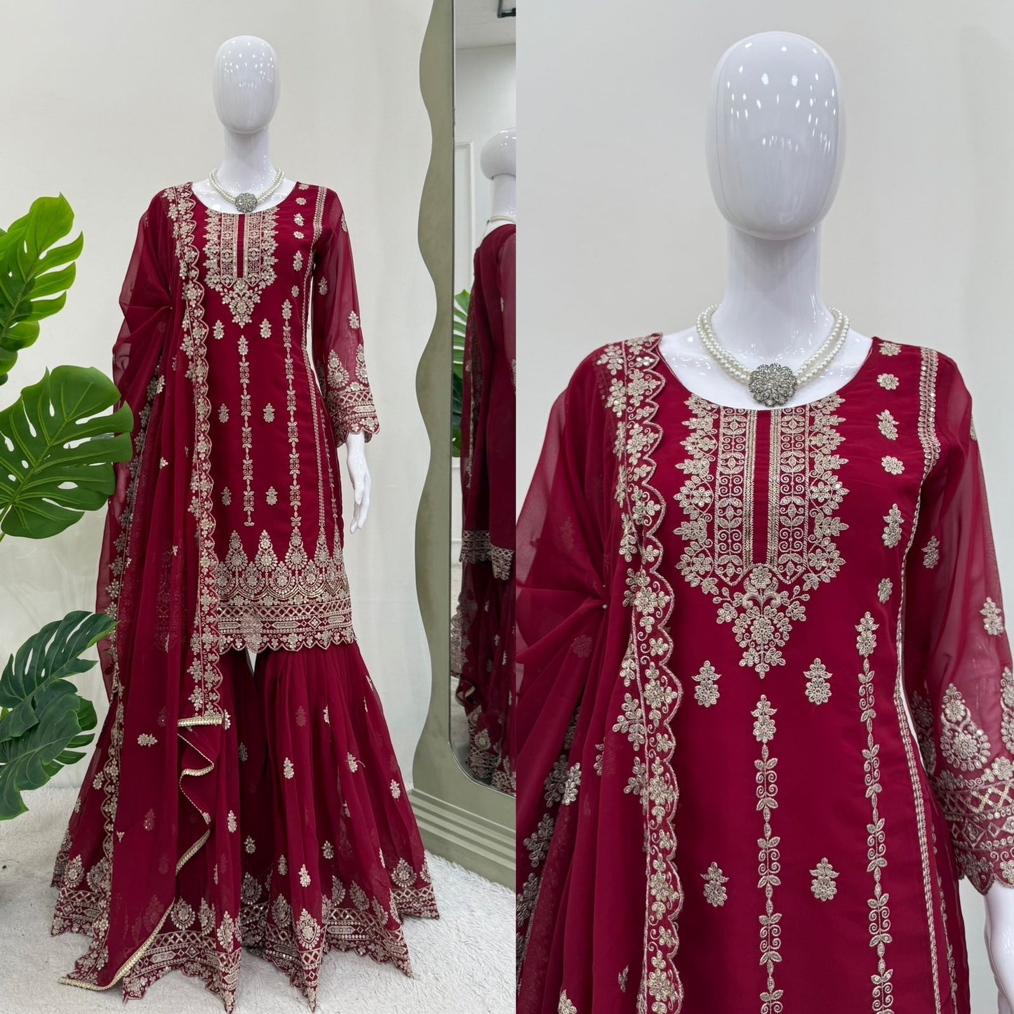 Maroon Red Color Beautiful Sharara Suit in Georgette Fabric