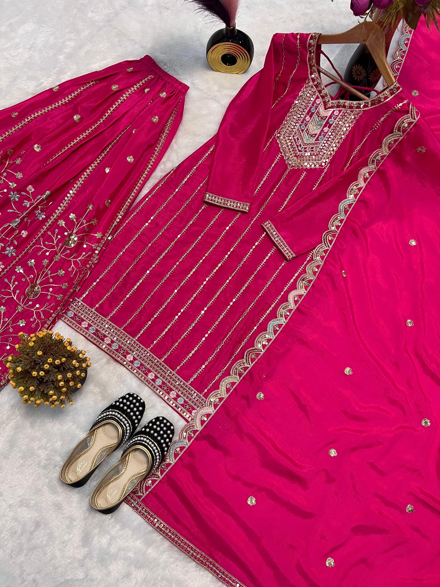 Pink Color Beautiful PArtywear PLazo Dress in Chinon Silk Fabric