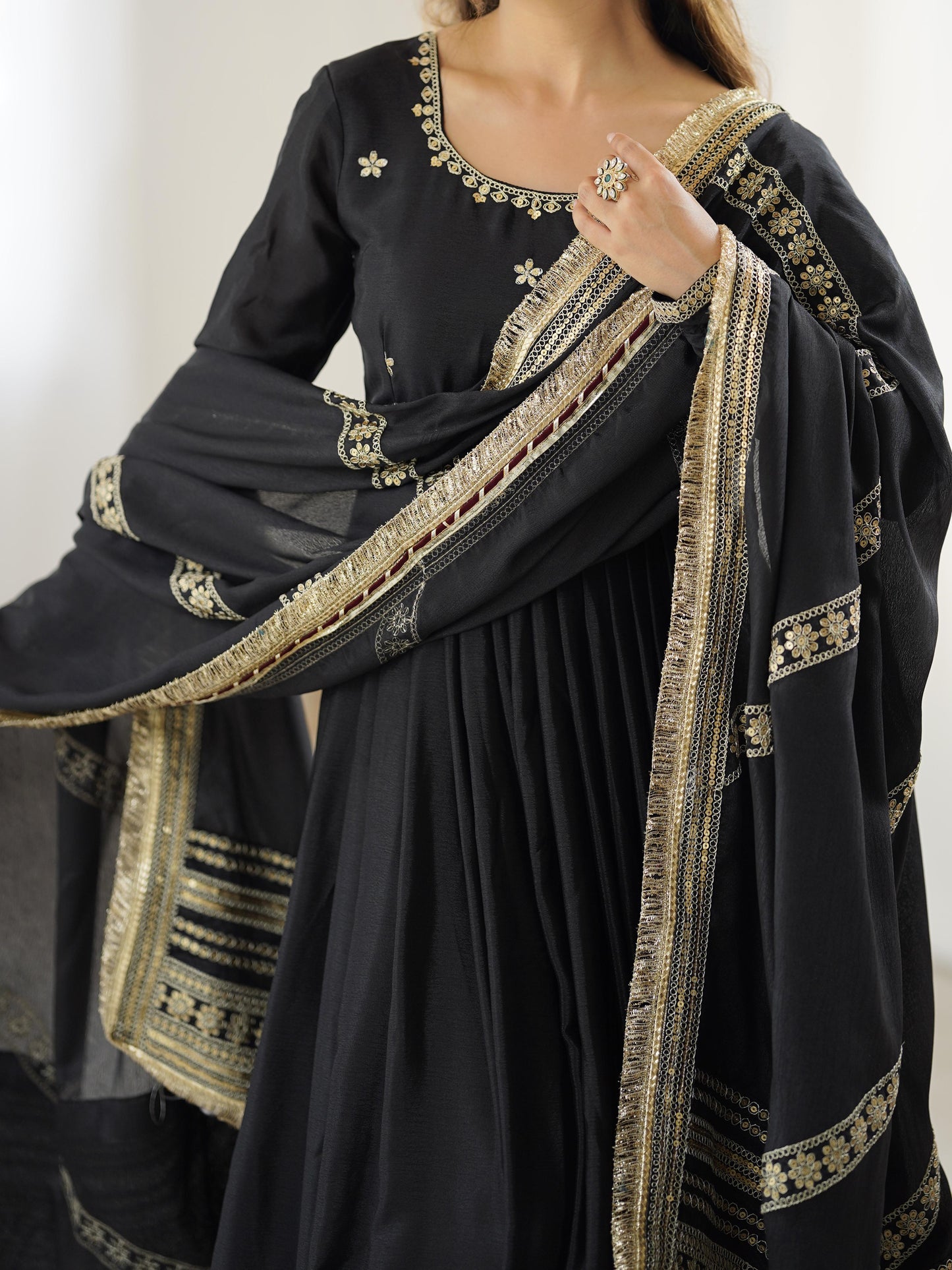 Black Color Beautiful Gown in Chinon Silk Fabric