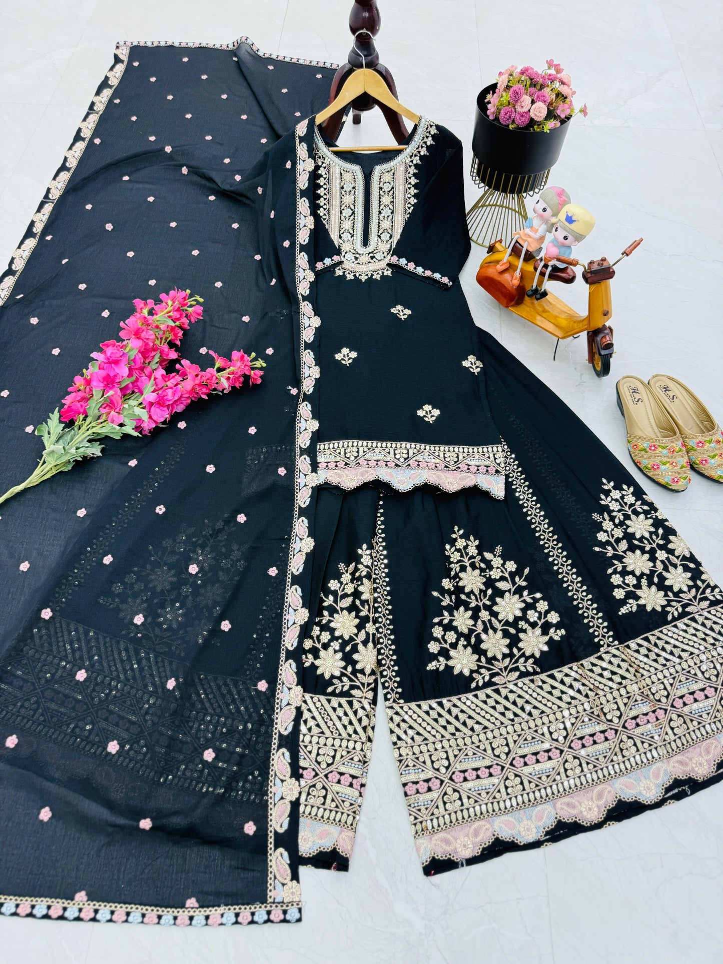 Designer Party Top Sharara & Dupatta Set in black color