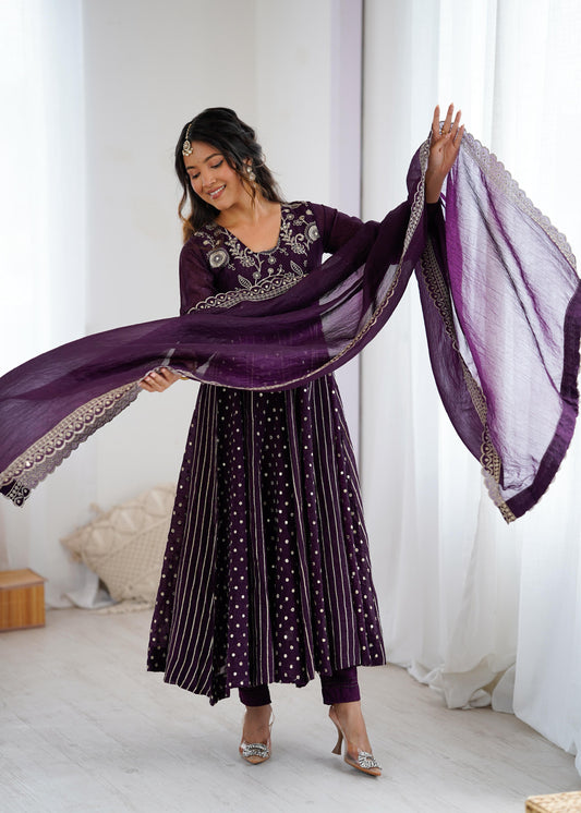 purple color anrakli gown in silk fabric with embroidery work