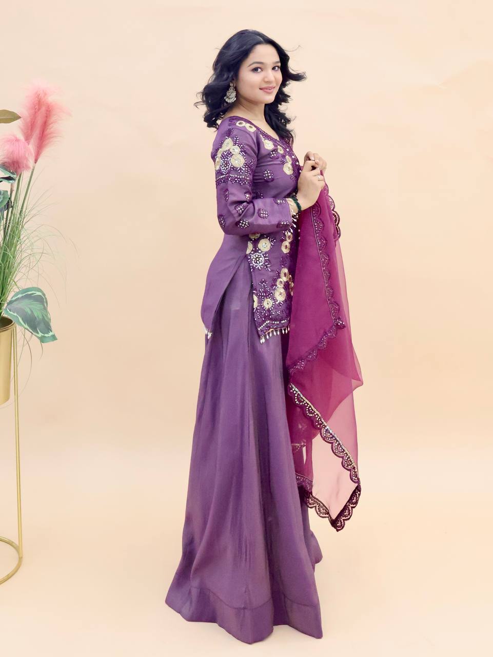 Designer Party Top Pallazo & Dupatta Set in purple color