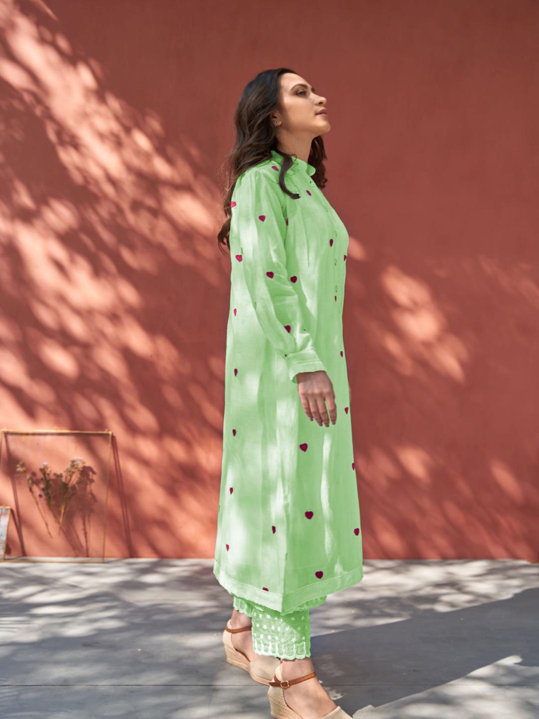 Green Color Beautiful Cotton Wear Kurti Pent Set